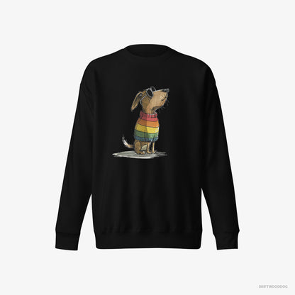 Beagle Sweatshirt – Men Black Sweatshirt Eco-Friendly – Wearing Rainbow Outfit (on White Background)