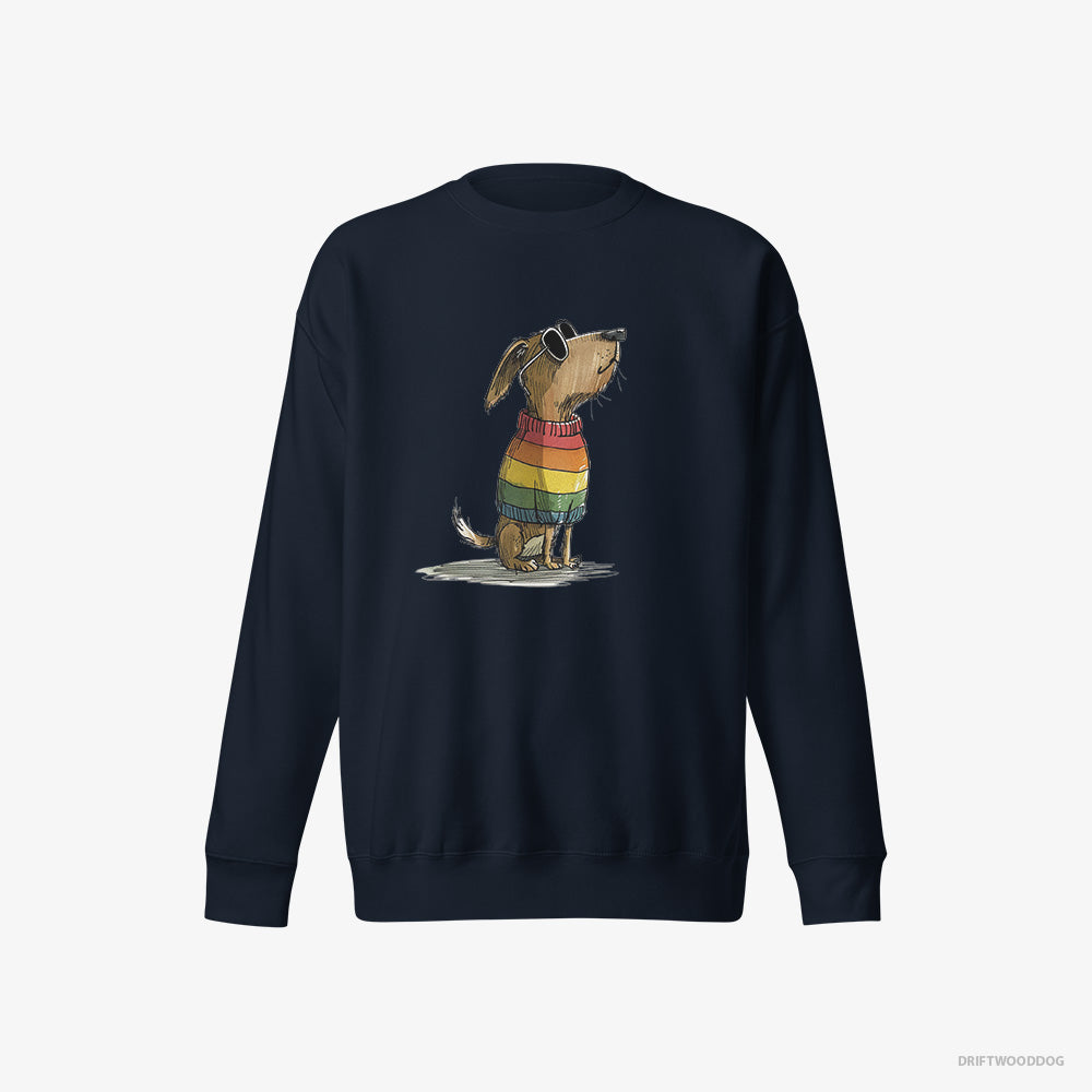 Beagle Sweatshirt – Men Navy Sweatshirt Eco-Friendly – Wearing Rainbow Outfit (on White Background)