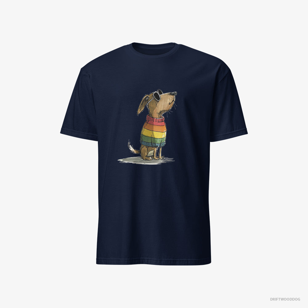 Beagle T-Shirt – Men Navy T-Shirt Classic – Wearing Rainbow Outfit (on White Background)