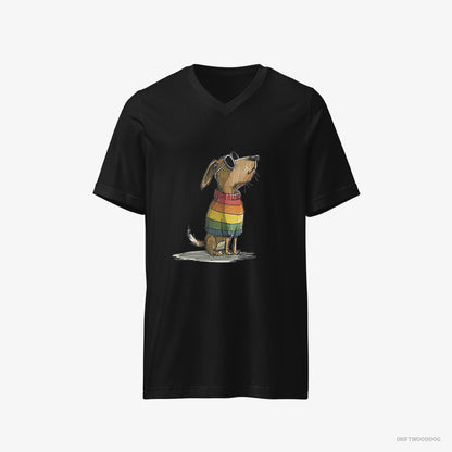 Beagle T-Shirt – Men Black T-Shirt V-Neck – Wearing Rainbow Outfit (on White Background)