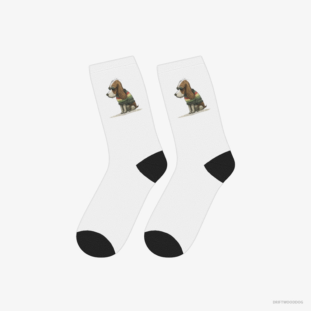 Cavalier King Charles Spaniel Socks – Unisex White Socks Classic – Wearing Rainbow Outfit (on White Background)