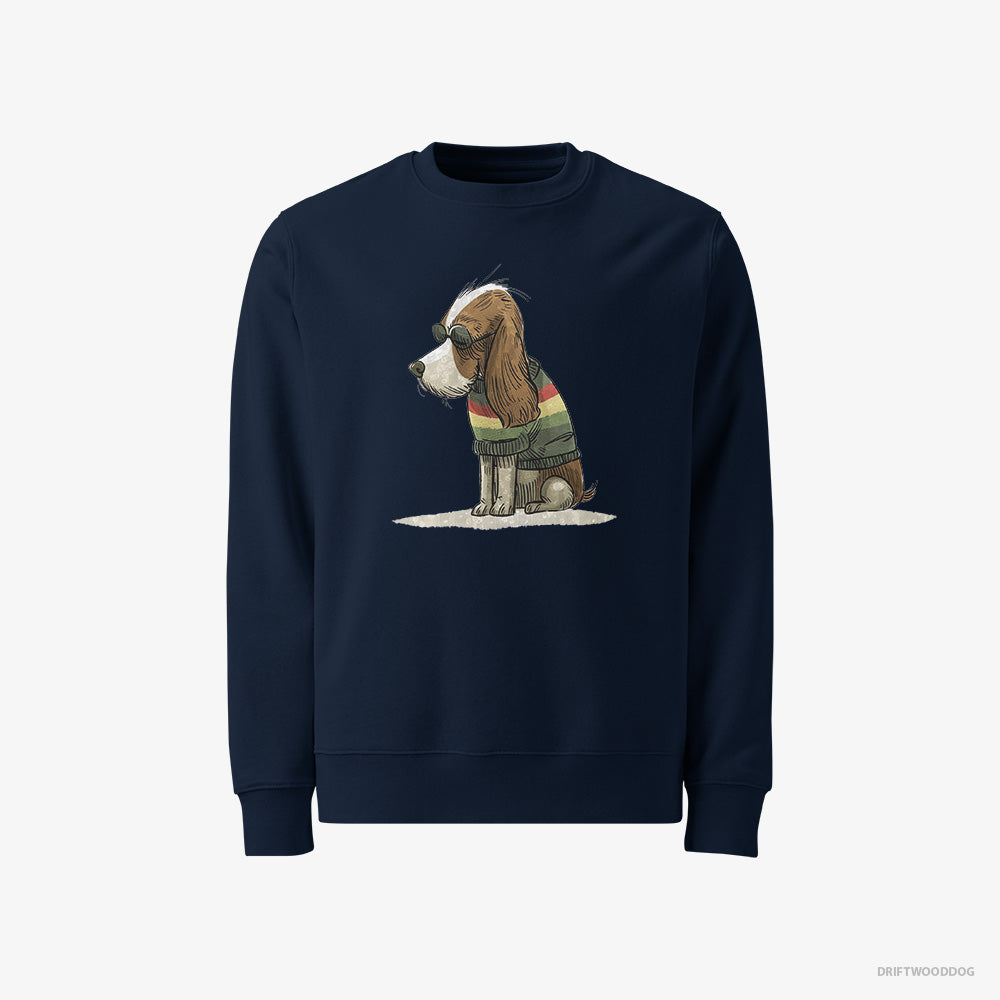 Cavalier King Charles Spaniel Sweatshirt – Men Navy Sweatshirt Classic – Wearing Rainbow Outfit (on White Background)