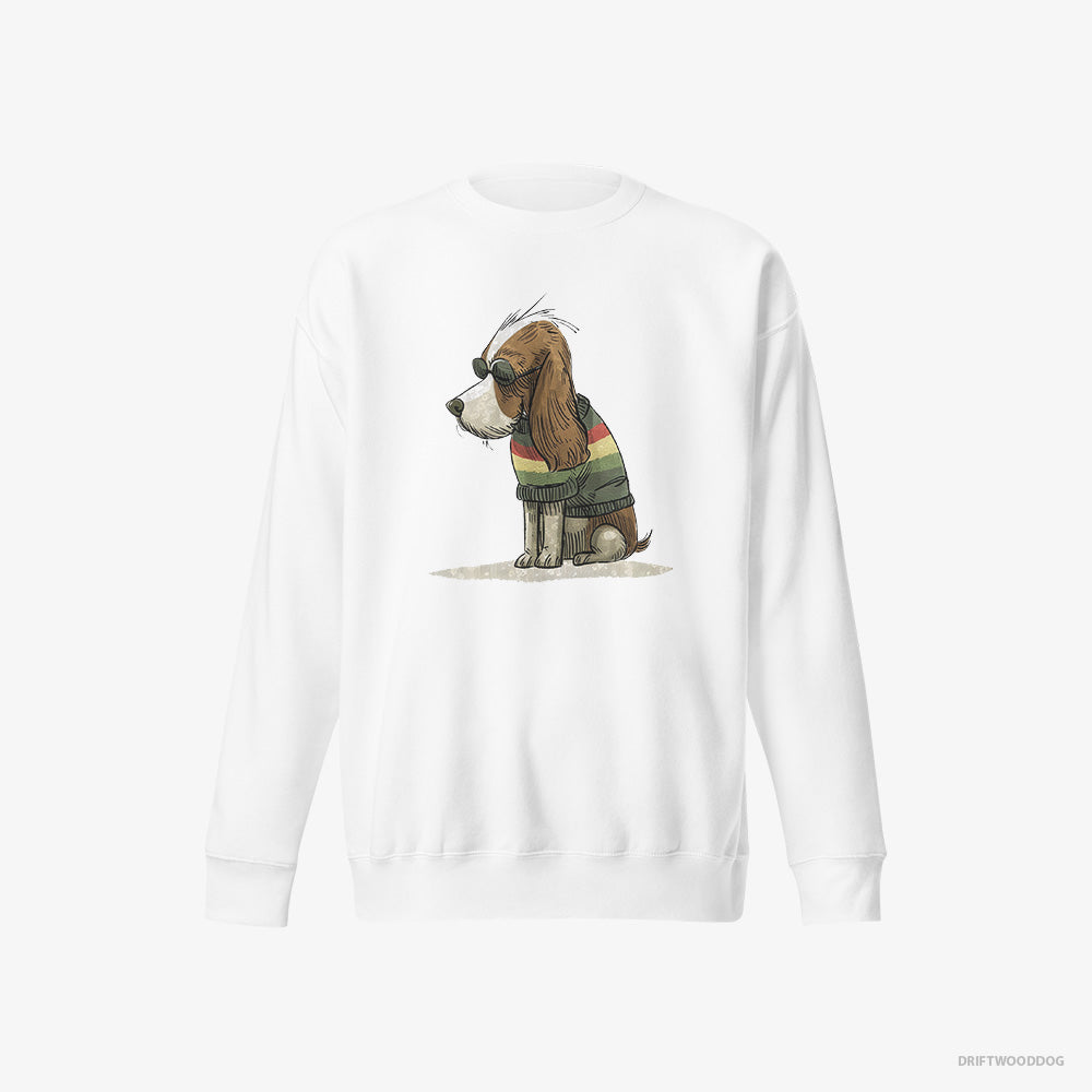 Cavalier King Charles Spaniel Sweatshirt – Men White Sweatshirt Eco-Friendly – Wearing Rainbow Outfit (on White Background)