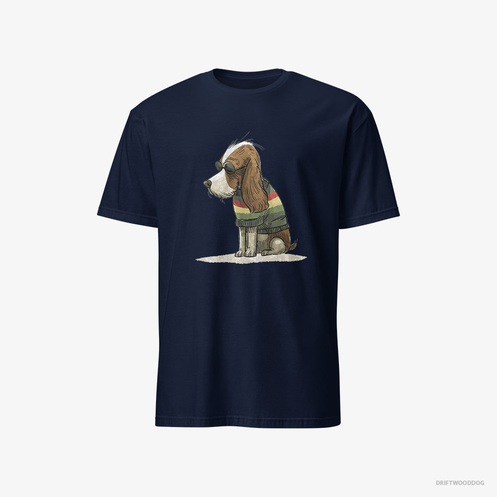 Cavalier King Charles Spaniel T-Shirt – Men Navy T-Shirt Classic – Wearing Rainbow Outfit (on White Background)