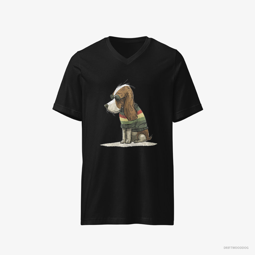 Cavalier King Charles Spaniel T-Shirt – Men Black T-Shirt V-Neck – Wearing Rainbow Outfit (on White Background)