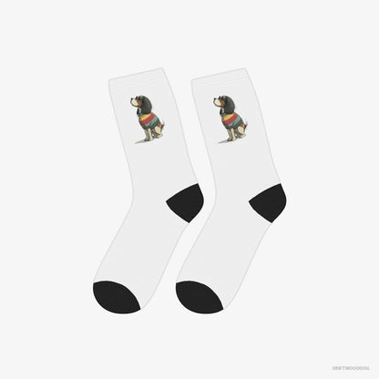 Cavalier King Charles Spaniel Socks – Unisex White Socks Classic – Excited for Pride (on White Background)