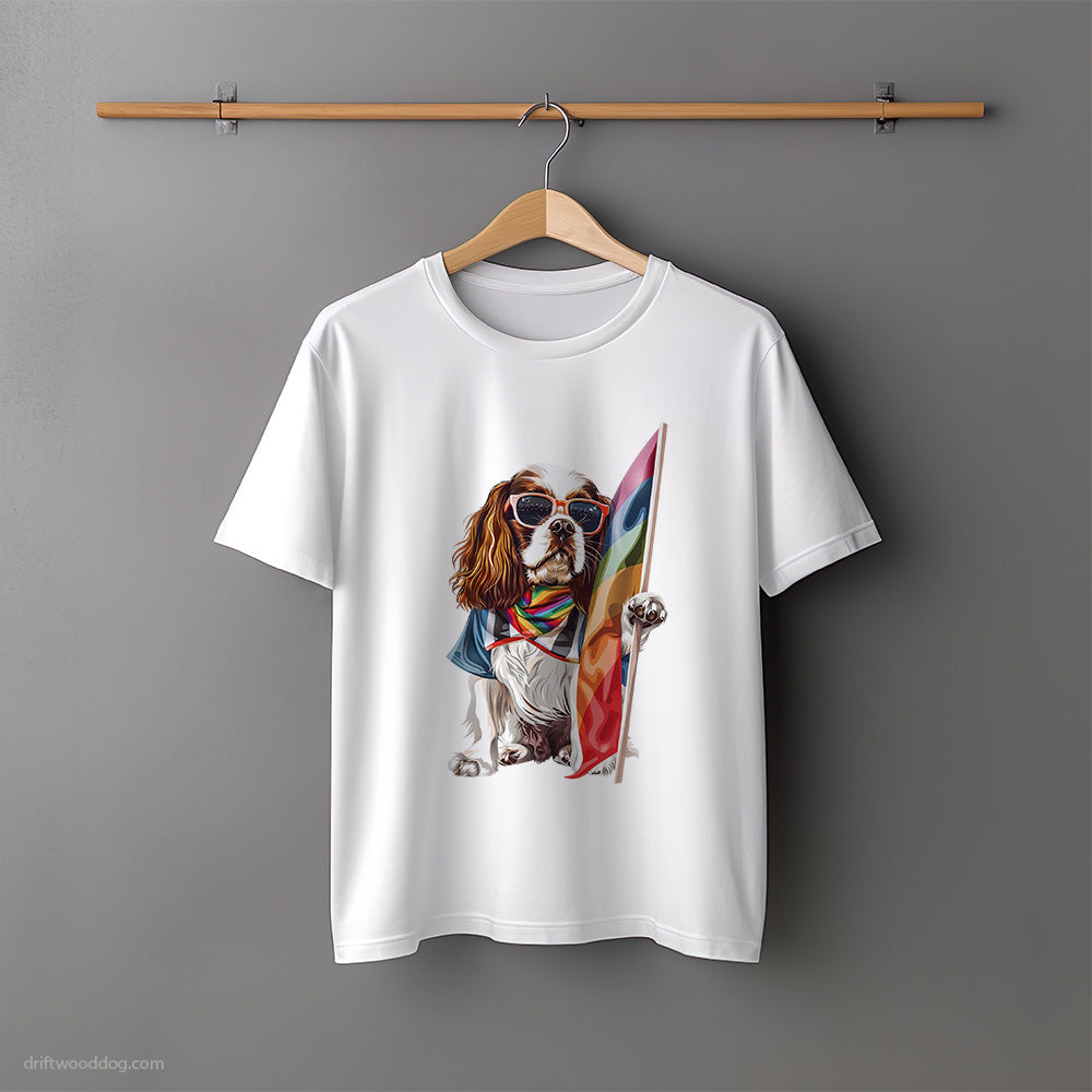 Cavalier King Charles Spaniel Holding LGBTQ+ Flag T-Shirt – Unisex Tee for Dog Lovers