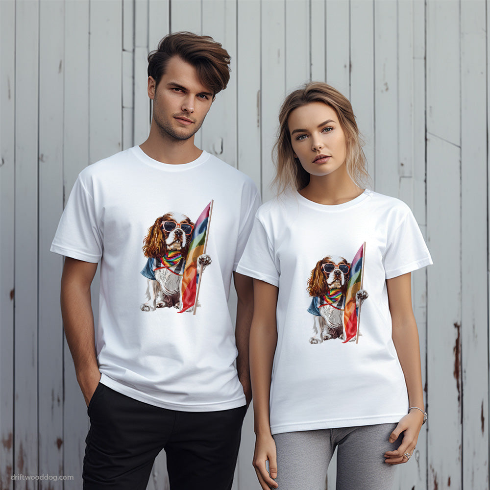 Cavalier King Charles Spaniel Holding LGBTQ+ Flag T-Shirt – Unique Dog T-Shirts for Pet Lovers