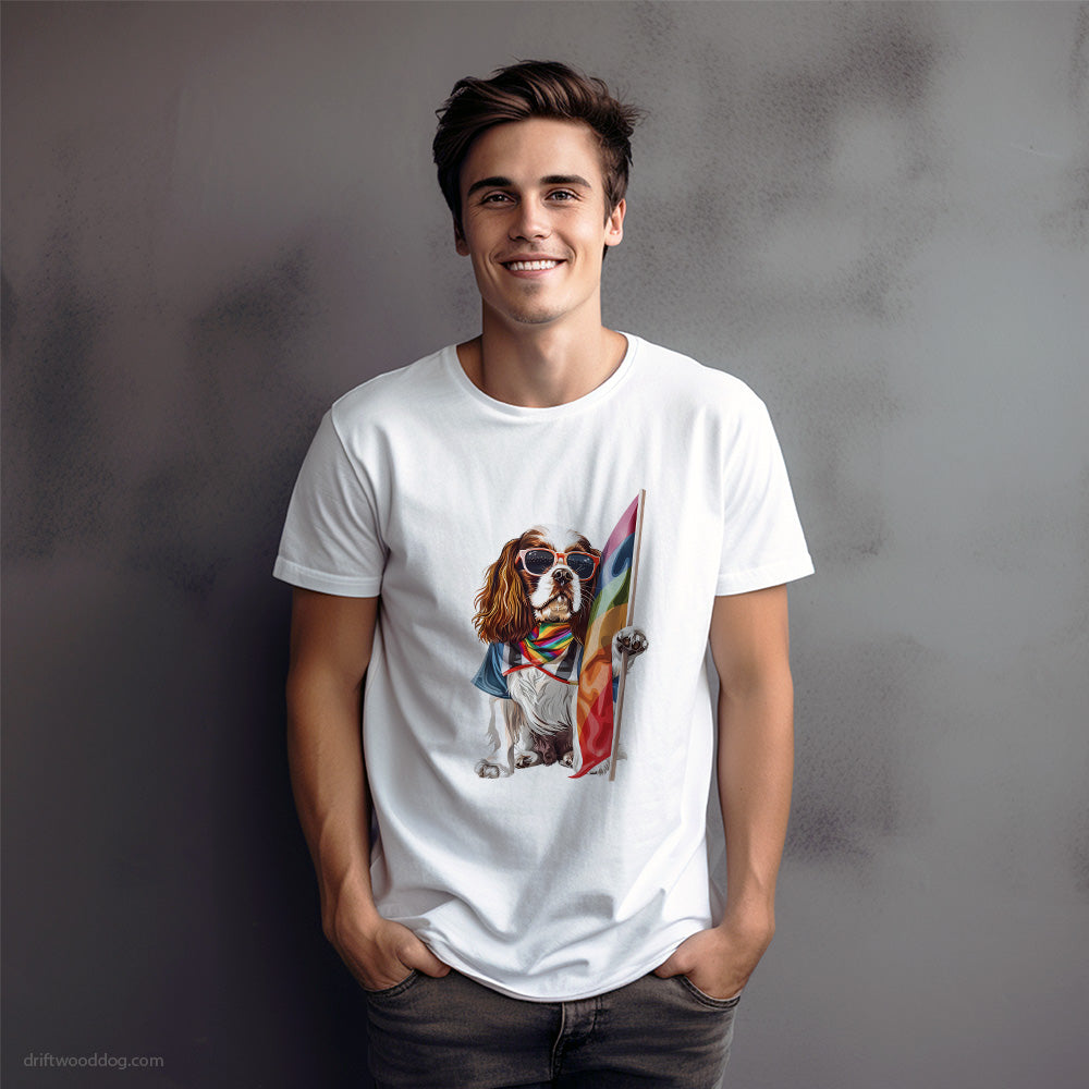 Cavalier King Charles Spaniel Holding LGBTQ+ Flag T-Shirt – Dog Graphic Tee for Men