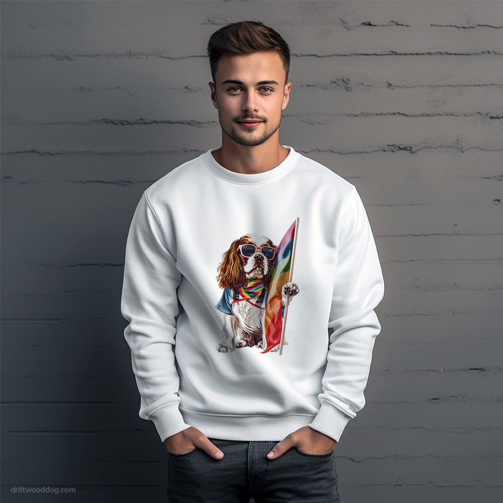 Cavalier King Charles Spaniel Holding LGBTQ+ Flag Sweatshirt – Unique Dog Sweatshirt for Men