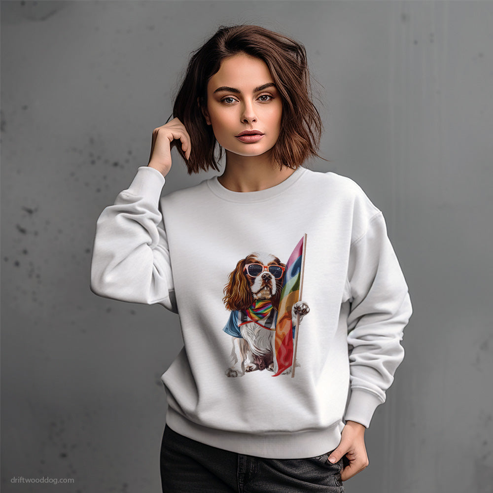 Cavalier King Charles Spaniel Holding LGBTQ+ Flag Sweatshirt – Dog-Themed Gifts for Dog Lovers