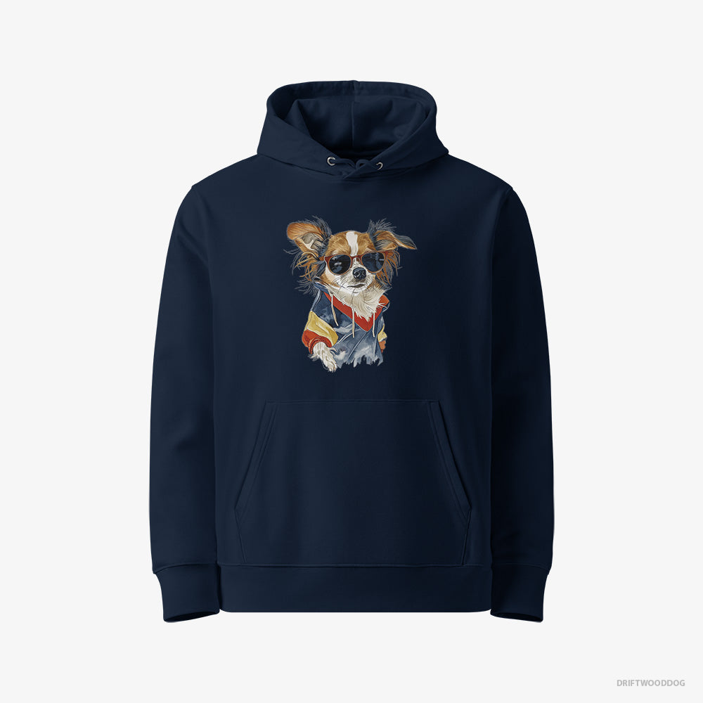 Chihuahua Hoodie – Women Navy Hoodie Eco-Friendly – Wearing Rainbow Outfit (on White Background)