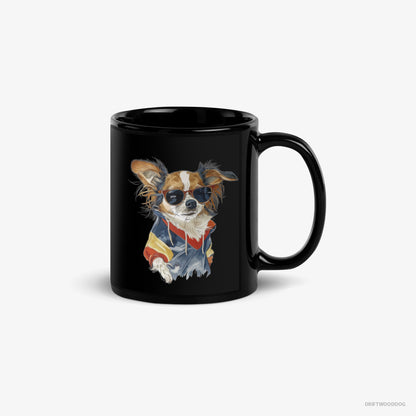 Chihuahua Mug – Unisex Black Mug Classic – Wearing Rainbow Outfit (on White Background)