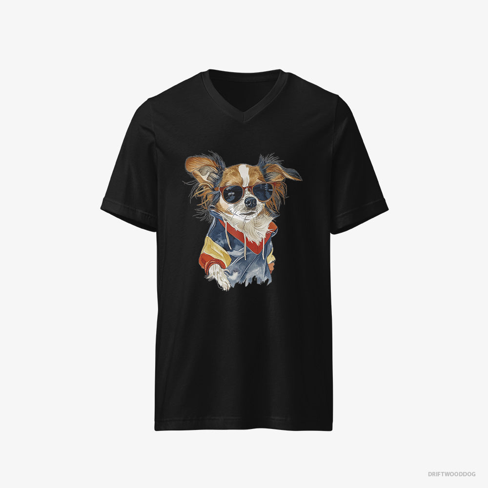 Chihuahua T-Shirt – Men Black T-Shirt V-Neck – Wearing Rainbow Outfit (on White Background)