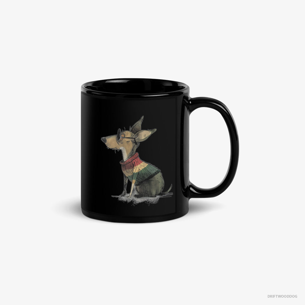 Chihuahua Mug – Unisex Black Mug Classic – Wearing Rainbow Outfit (on White Background)