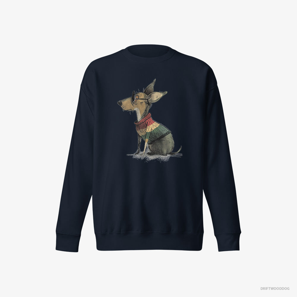 Chihuahua Sweatshirt – Women Navy Sweatshirt Eco-Friendly – Wearing Rainbow Outfit (on White Background)