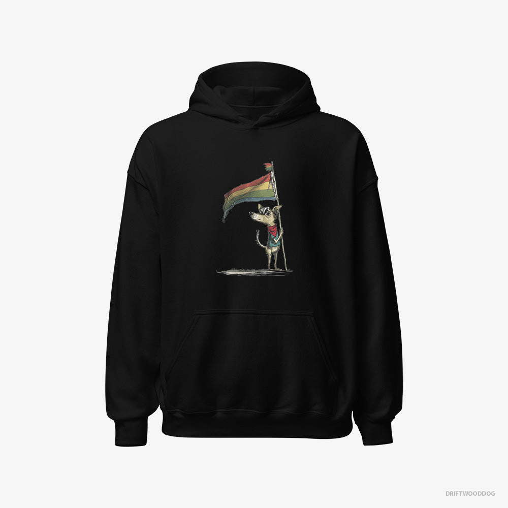 Chihuahua Hoodie – Men Black Hoodie Classic – Holding Pride Flag (on White Background)