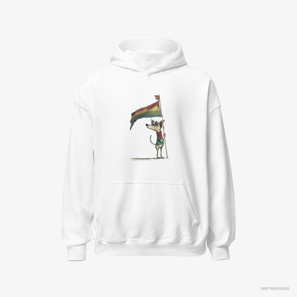 Chihuahua Hoodie – Women White Hoodie Classic – Holding Pride Flag (on White Background)