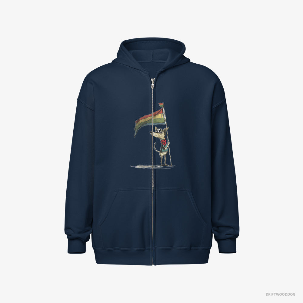 Chihuahua Hoodie – Men Navy Hoodie Full-Zip – Holding Pride Flag (on White Background)