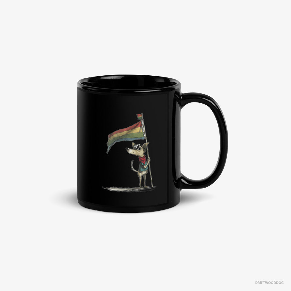 Chihuahua Mug – Unisex Black Mug Classic – Holding Pride Flag (on White Background)