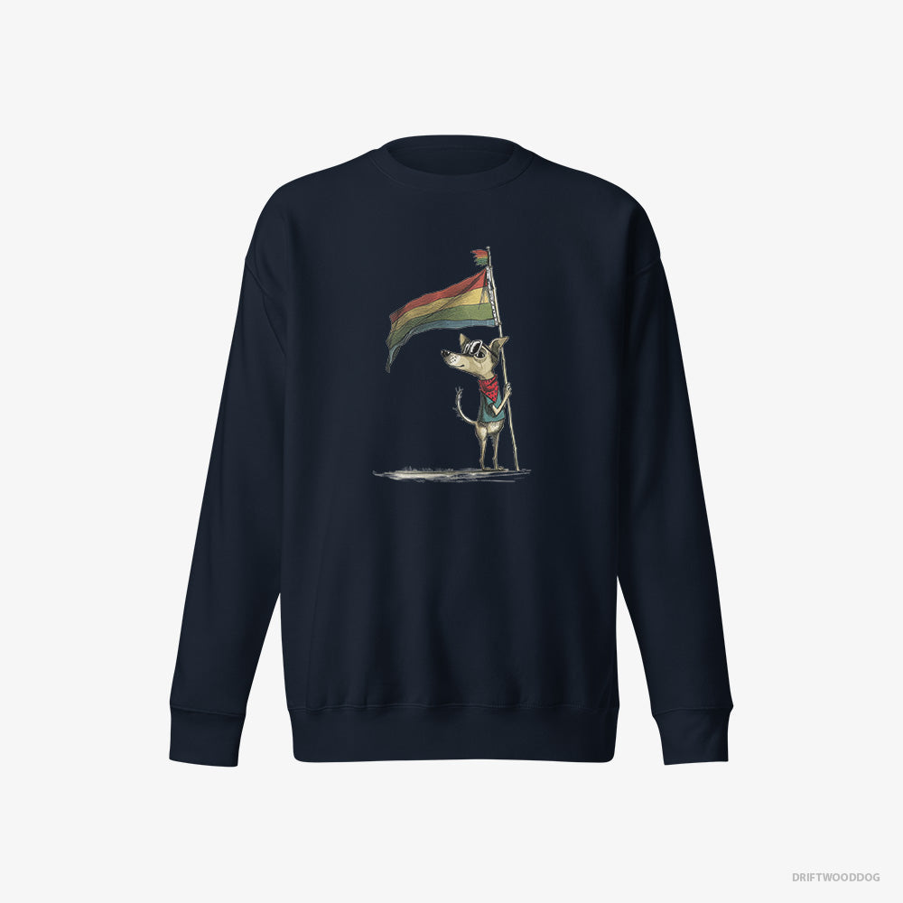 Chihuahua Sweatshirt – Men Navy Sweatshirt Eco-Friendly – Holding Pride Flag (on White Background)