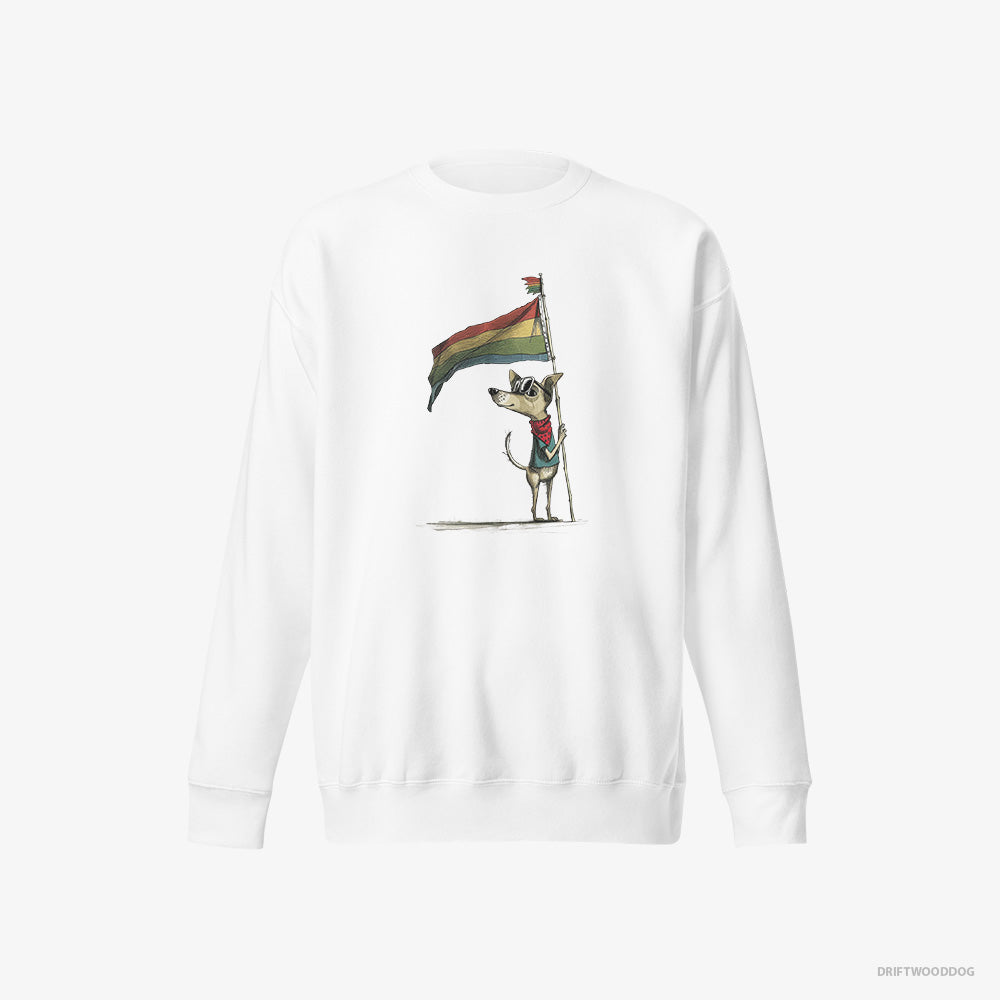 Chihuahua Sweatshirt – Men White Sweatshirt Eco-Friendly – Holding Pride Flag (on White Background)