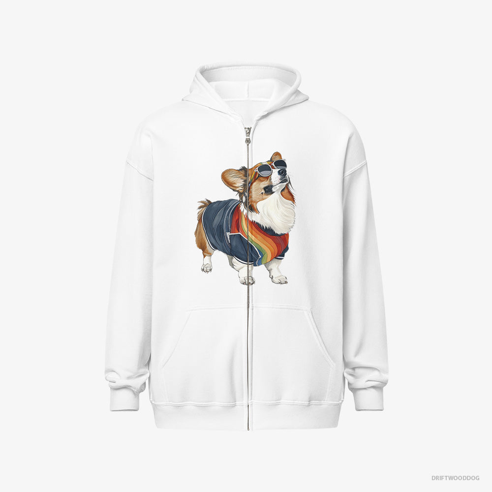 Corgi Hoodie – Women White Hoodie Full-Zip – Sporting Rainbow Clothing (on White Background)