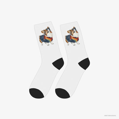 Corgi Socks – Unisex White Socks Classic – Sporting Rainbow Clothing (on White Background)