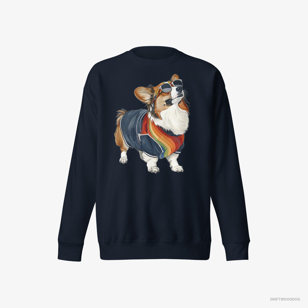 Corgi Sweatshirt – Women Navy Sweatshirt Eco-Friendly – Sporting Rainbow Clothing (on White Background)