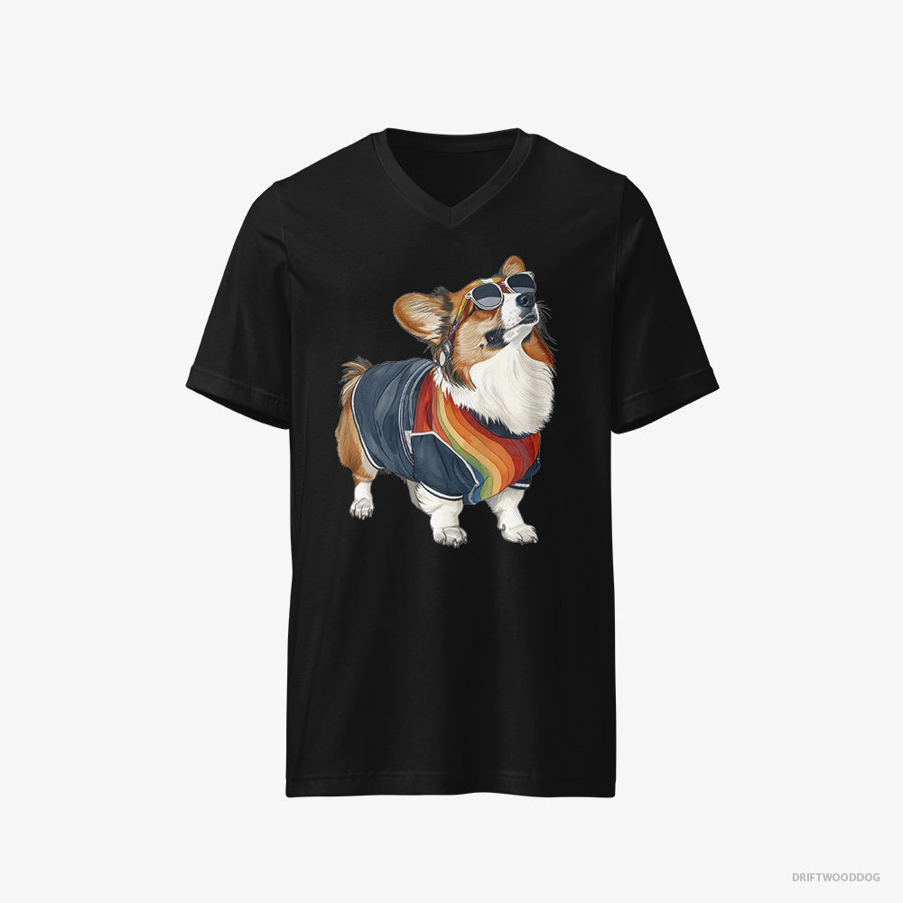 Corgi T-Shirt – Men Black T-Shirt V-Neck – Sporting Rainbow Clothing (on White Background)