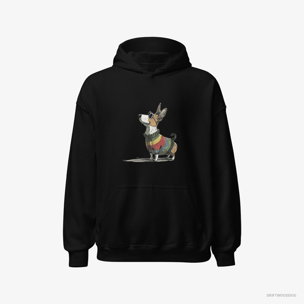 Corgi Hoodie – Men Black Hoodie Classic – Adorned in Rainbow Gear (on White Background)