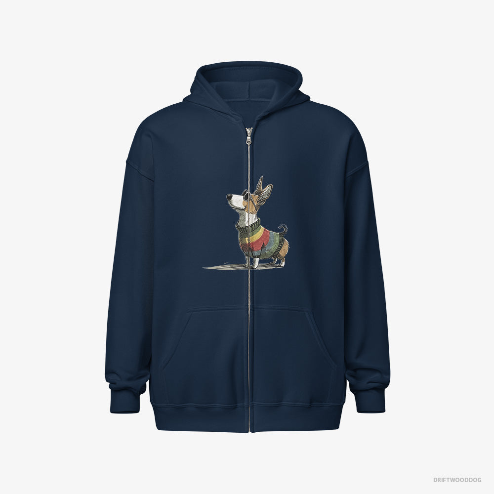 Corgi Hoodie – Men Navy Hoodie Full-Zip – Adorned in Rainbow Gear (on White Background)