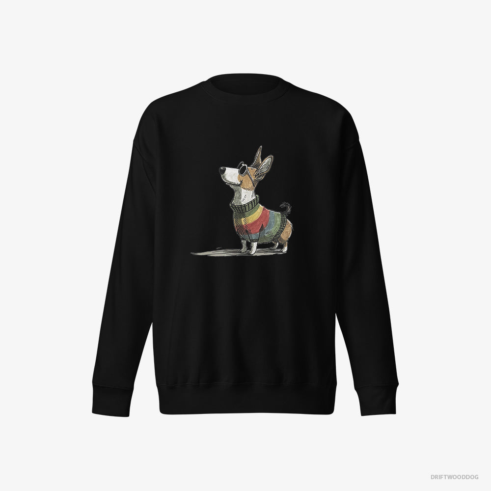 Corgi Sweatshirt – Women Black Sweatshirt Eco-Friendly – Adorned in Rainbow Gear (on White Background)