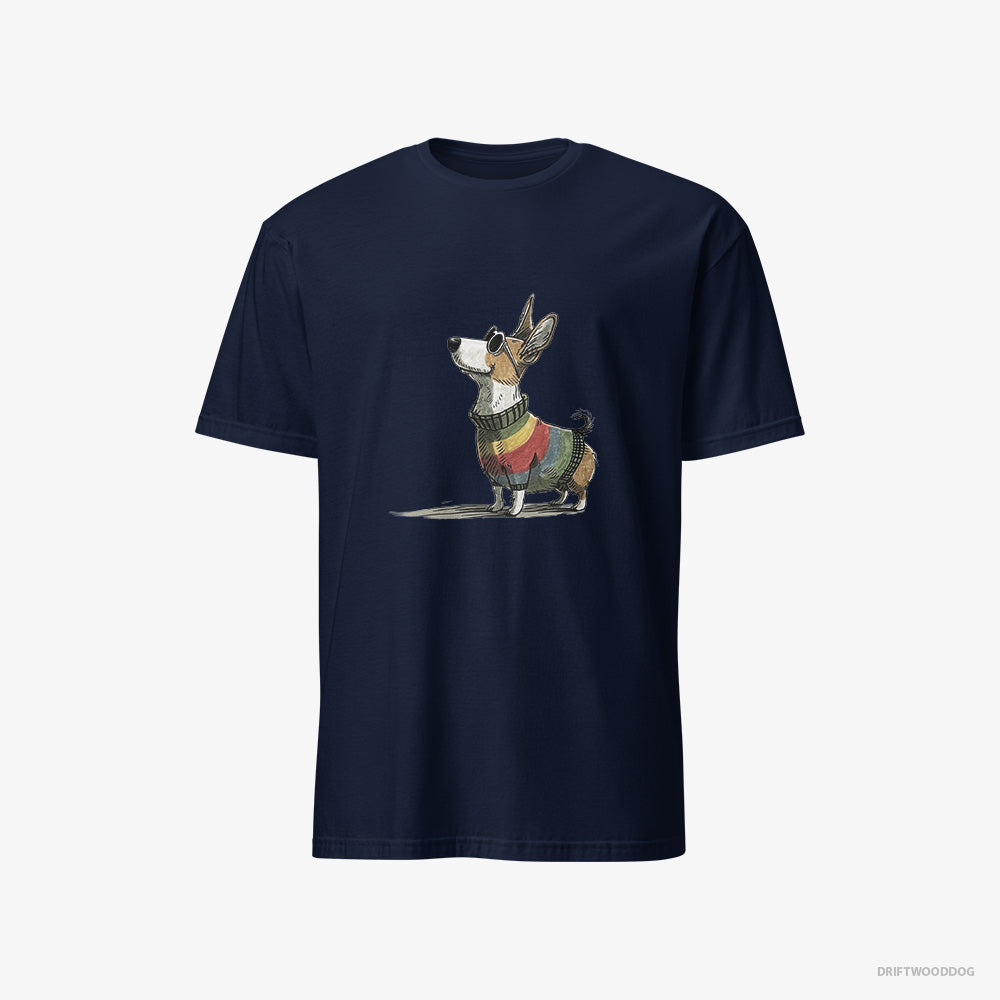 Corgi T-Shirt – Men Navy T-Shirt Classic – Adorned in Rainbow Gear (on White Background)