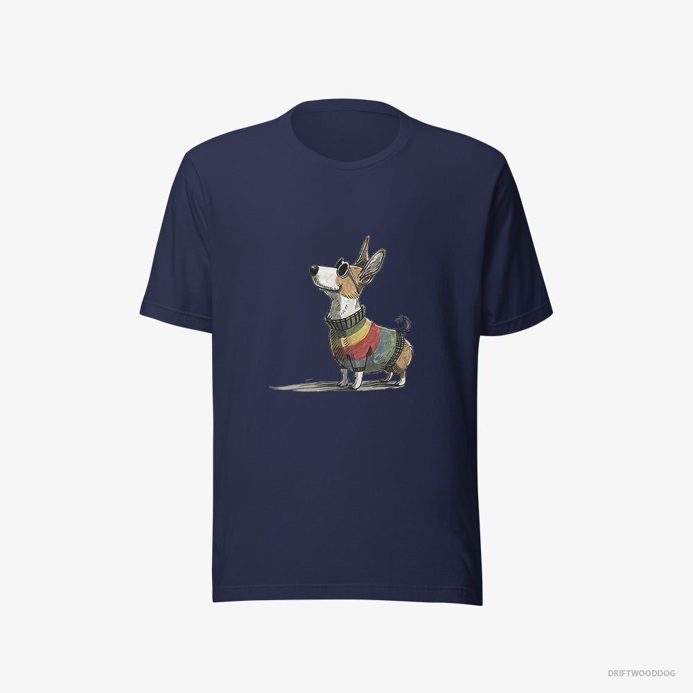 Corgi T-Shirt – Men Navy T-Shirt Eco-Friendly – Adorned in Rainbow Gear (on White Background)