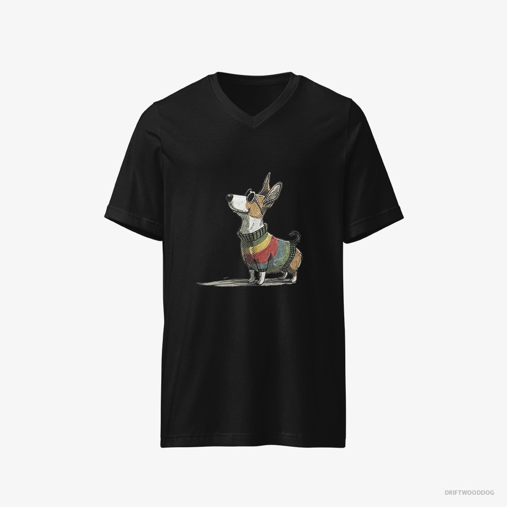 Corgi T-Shirt – Men Black T-Shirt V-Neck – Adorned in Rainbow Gear (on White Background)