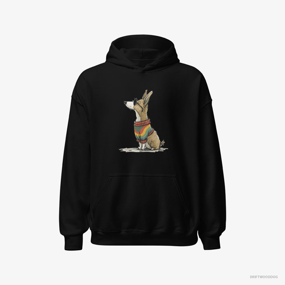 Corgi Hoodie – Men Black Hoodie Classic – Clad in Rainbow Apparel (on White Background)