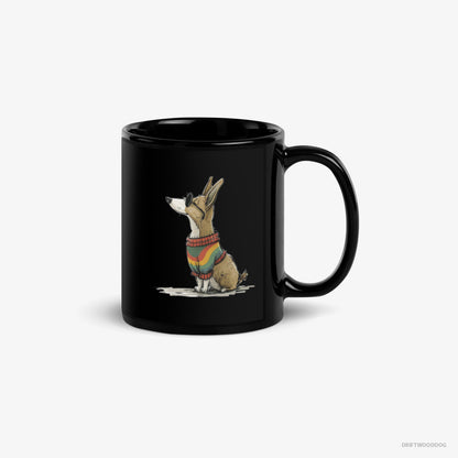 Corgi Mug – Unisex Black Mug Classic – Clad in Rainbow Apparel (on White Background)