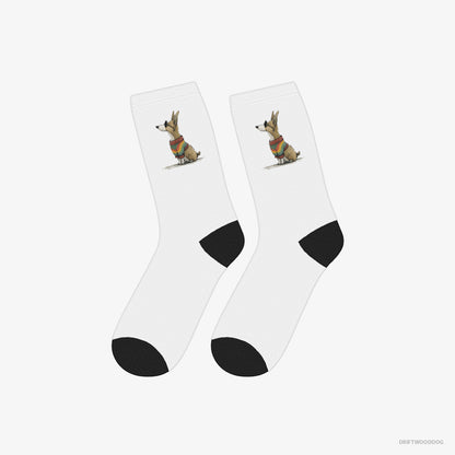 Corgi Socks – Unisex White Socks Classic – Clad in Rainbow Apparel (on White Background)