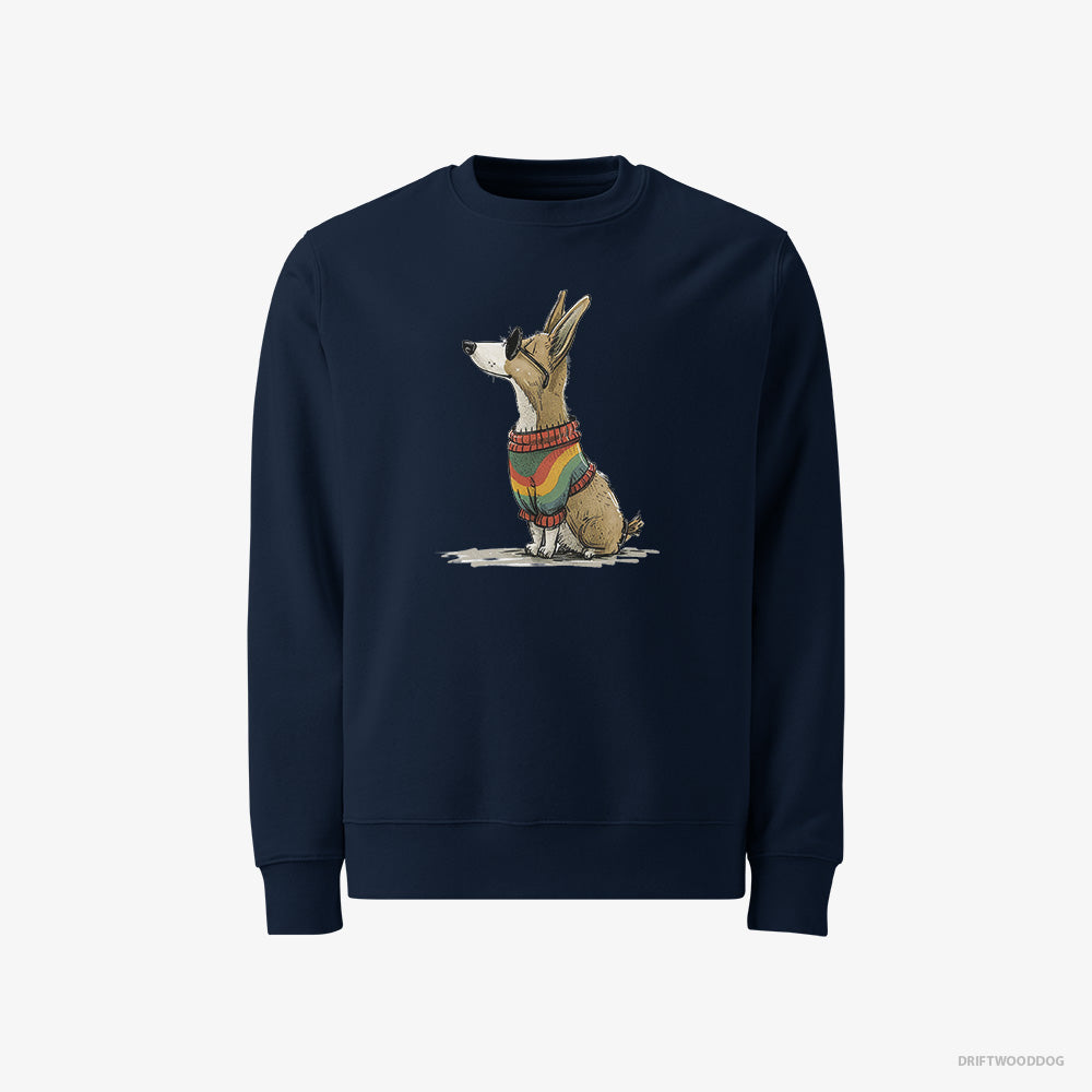 Corgi Sweatshirt – Men Navy Sweatshirt Classic – Clad in Rainbow Apparel (on White Background)