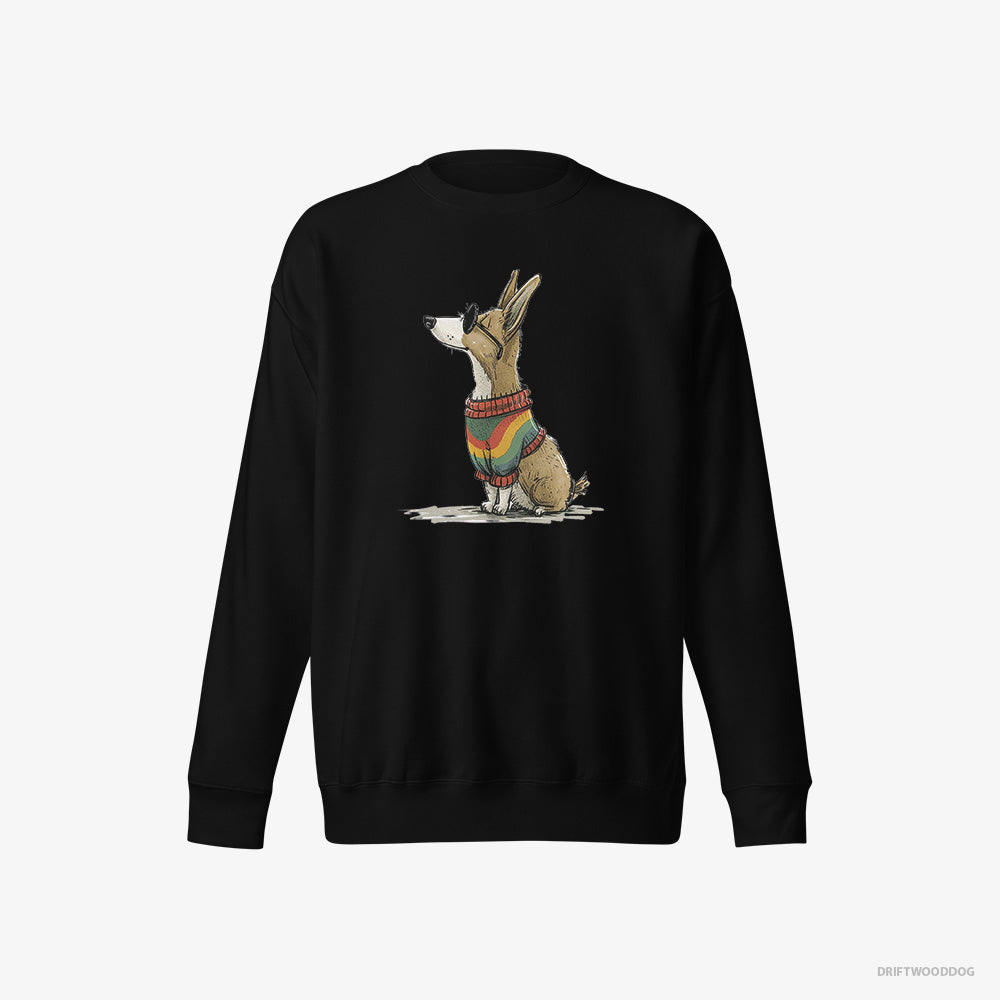 Corgi Sweatshirt – Women Black Sweatshirt Eco-Friendly – Clad in Rainbow Apparel (on White Background)