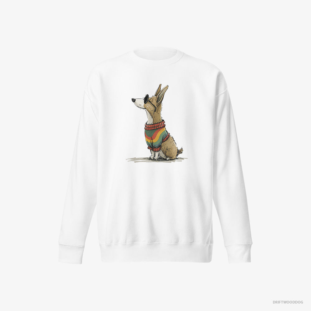 Corgi Sweatshirt – Men White Sweatshirt Eco-Friendly – Clad in Rainbow Apparel (on White Background)