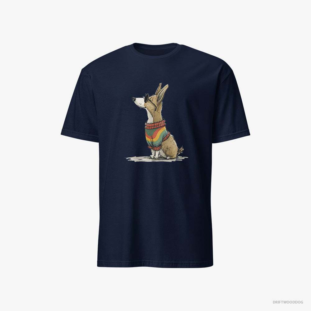 Corgi T-Shirt – Men Navy T-Shirt Classic – Clad in Rainbow Apparel (on White Background)