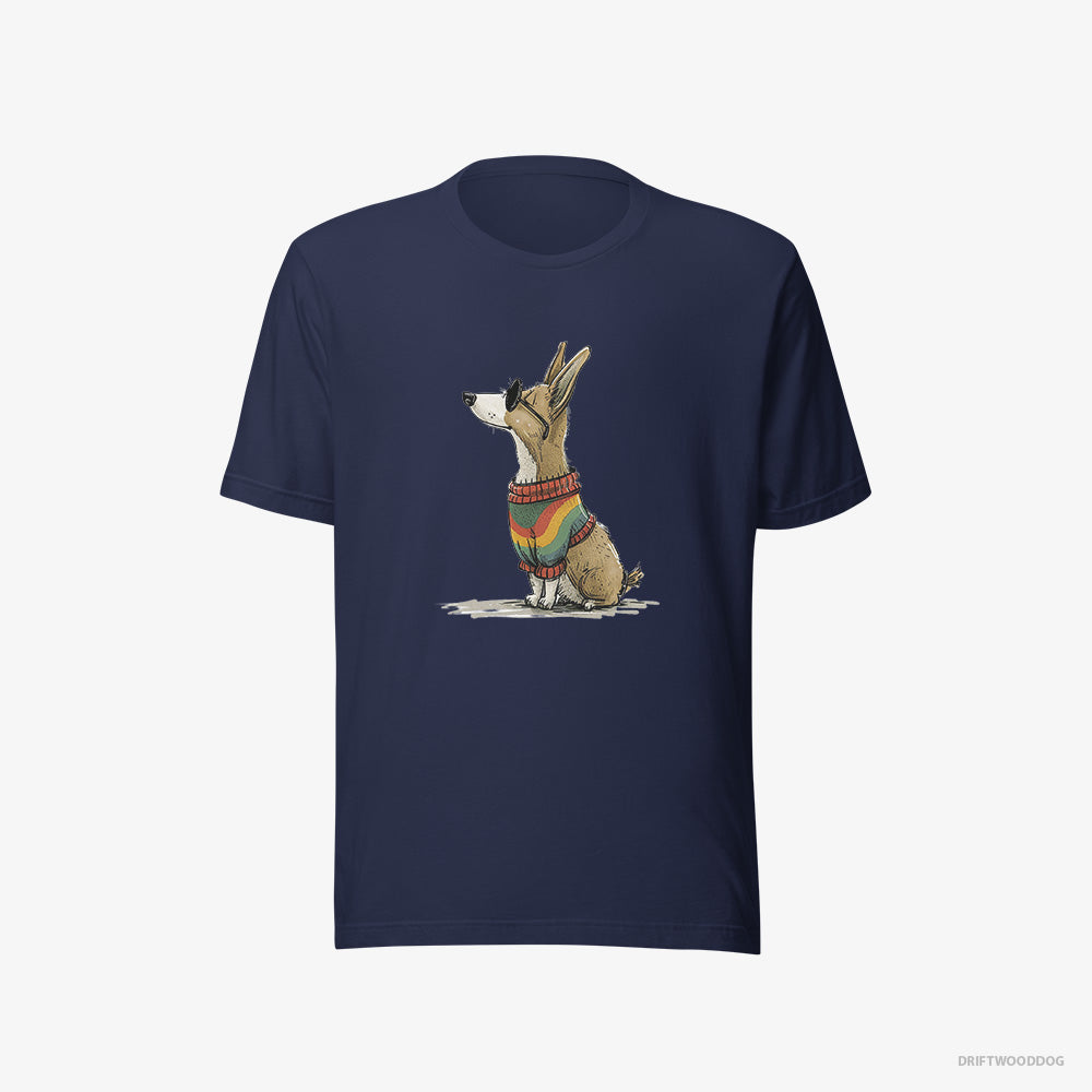 Corgi T-Shirt – Women Navy T-Shirt Eco-Friendly – Clad in Rainbow Apparel (on White Background)