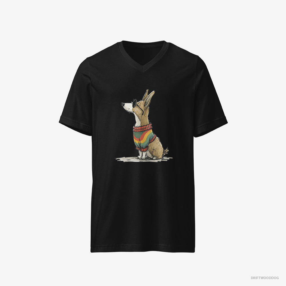 Corgi T-Shirt – Men Black T-Shirt V-Neck – Clad in Rainbow Apparel (on White Background)