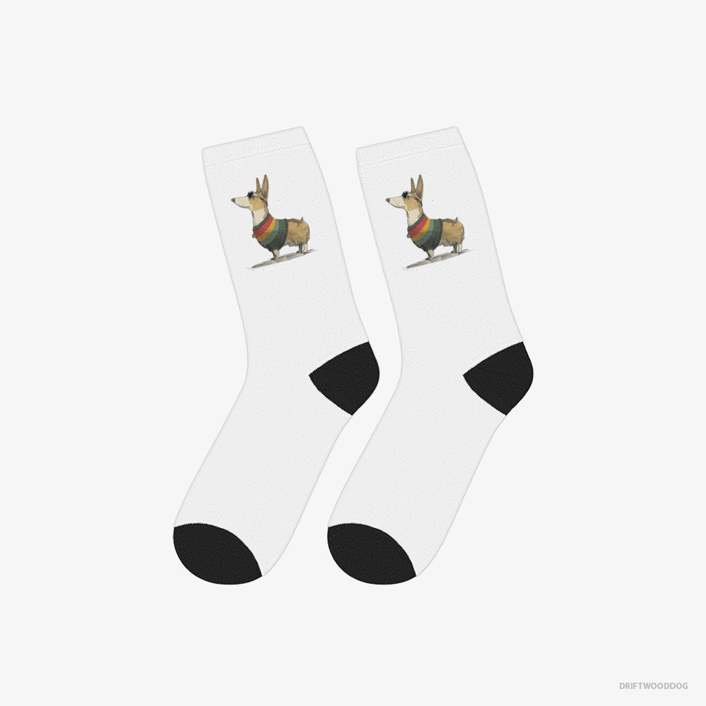 Corgi Socks – Unisex White Socks Classic – Dressed in Rainbow-themed Outfit (on White Background)