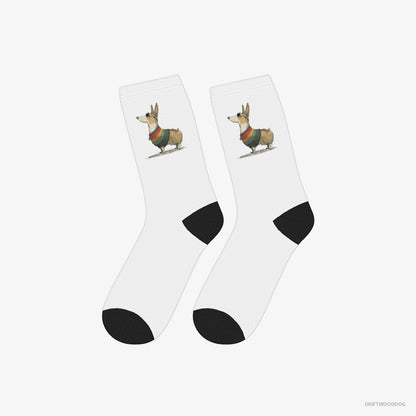 Corgi Socks – Unisex White Socks Eco-Friendly – Dressed in Rainbow-themed Outfit (on White Background)