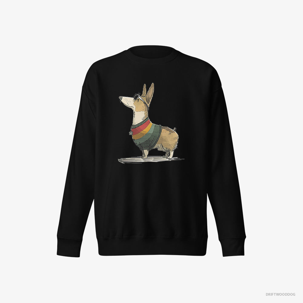 Corgi Sweatshirt – Women Black Sweatshirt Eco-Friendly – Dressed in Rainbow-themed Outfit (on White Background)