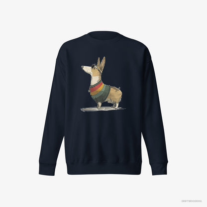 Corgi Sweatshirt – Men Navy Sweatshirt Eco-Friendly – Dressed in Rainbow-themed Outfit (on White Background)