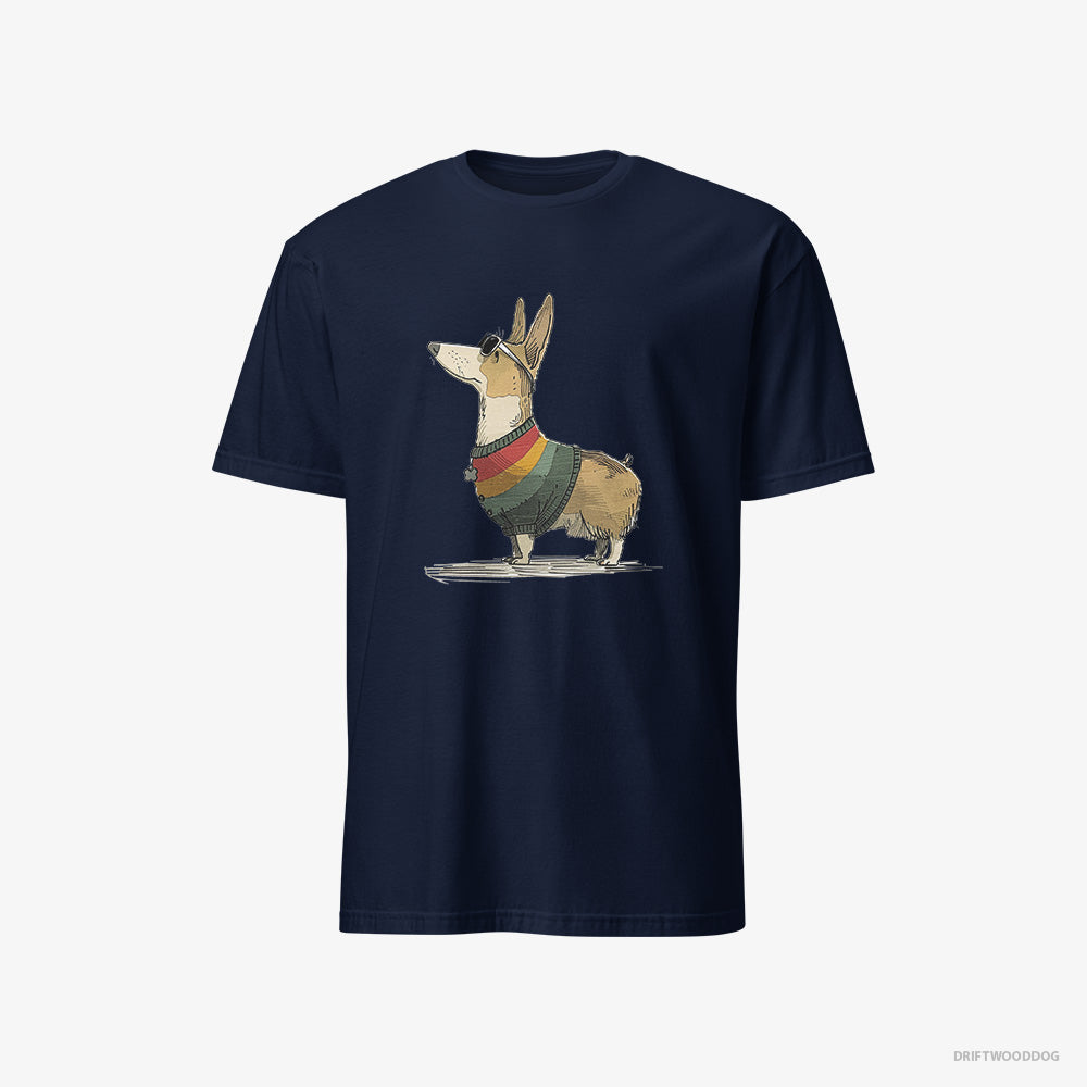 Corgi T-Shirt – Men Navy T-Shirt Classic – Dressed in Rainbow-themed Outfit (on White Background)